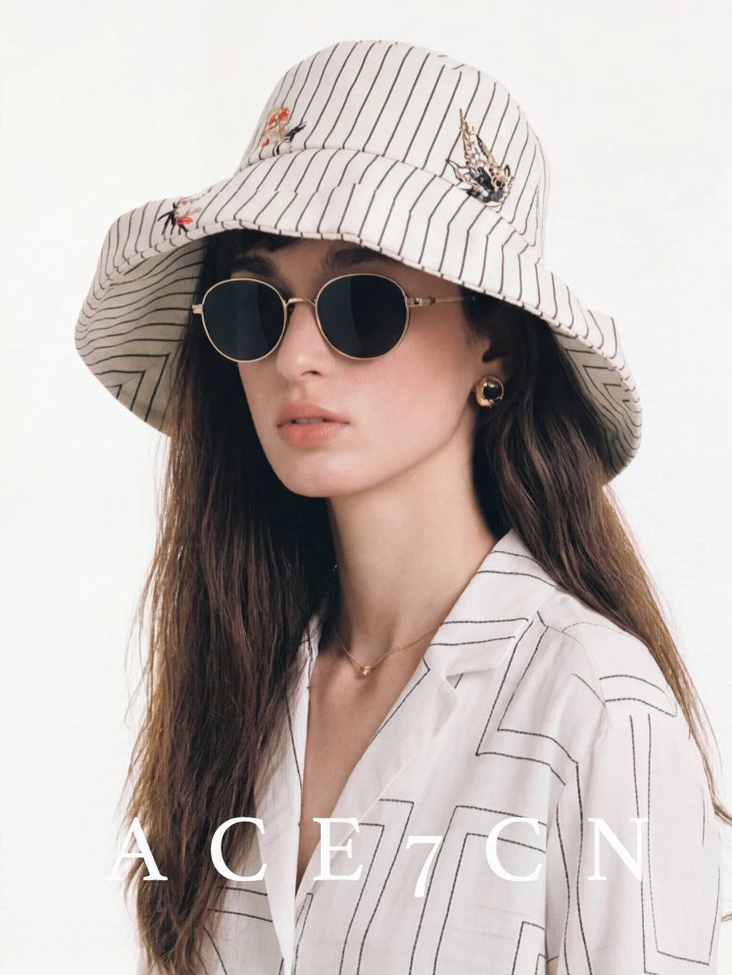 Embroidered Striped Wide-Brim Bucket Hat — ACE7CN