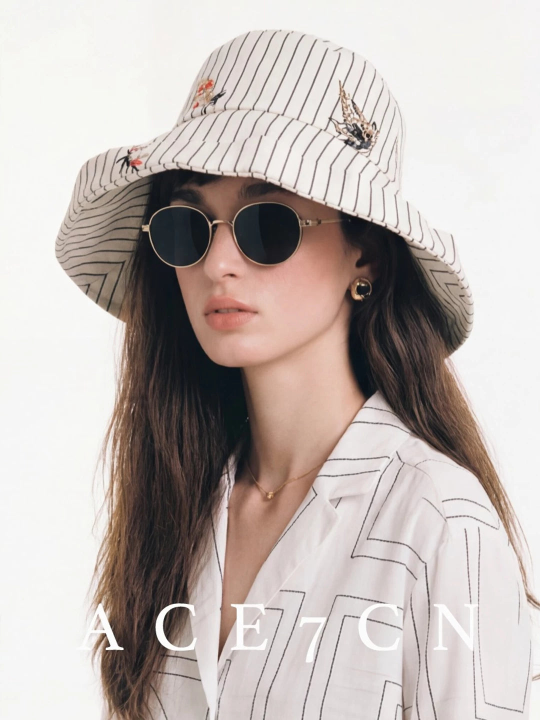 Embroidered Striped Wide-Brim Bucket Hat — ACE7CN
