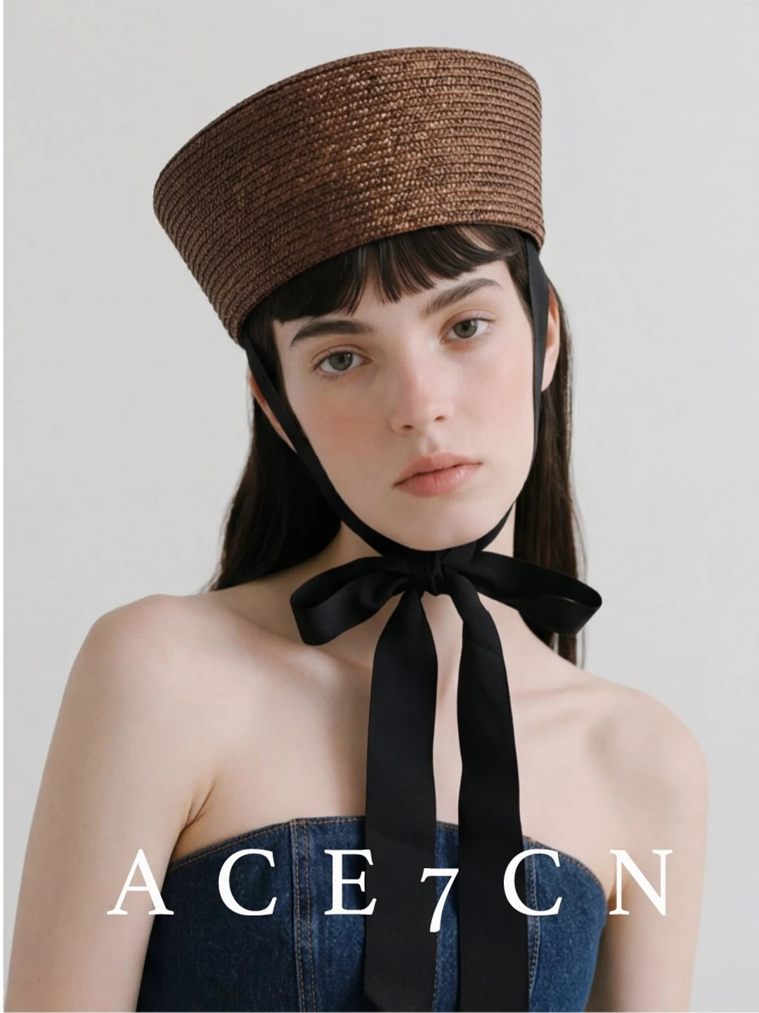 Tie-Strap Wheat-Straw Pillbox Hat — ACE7CN
