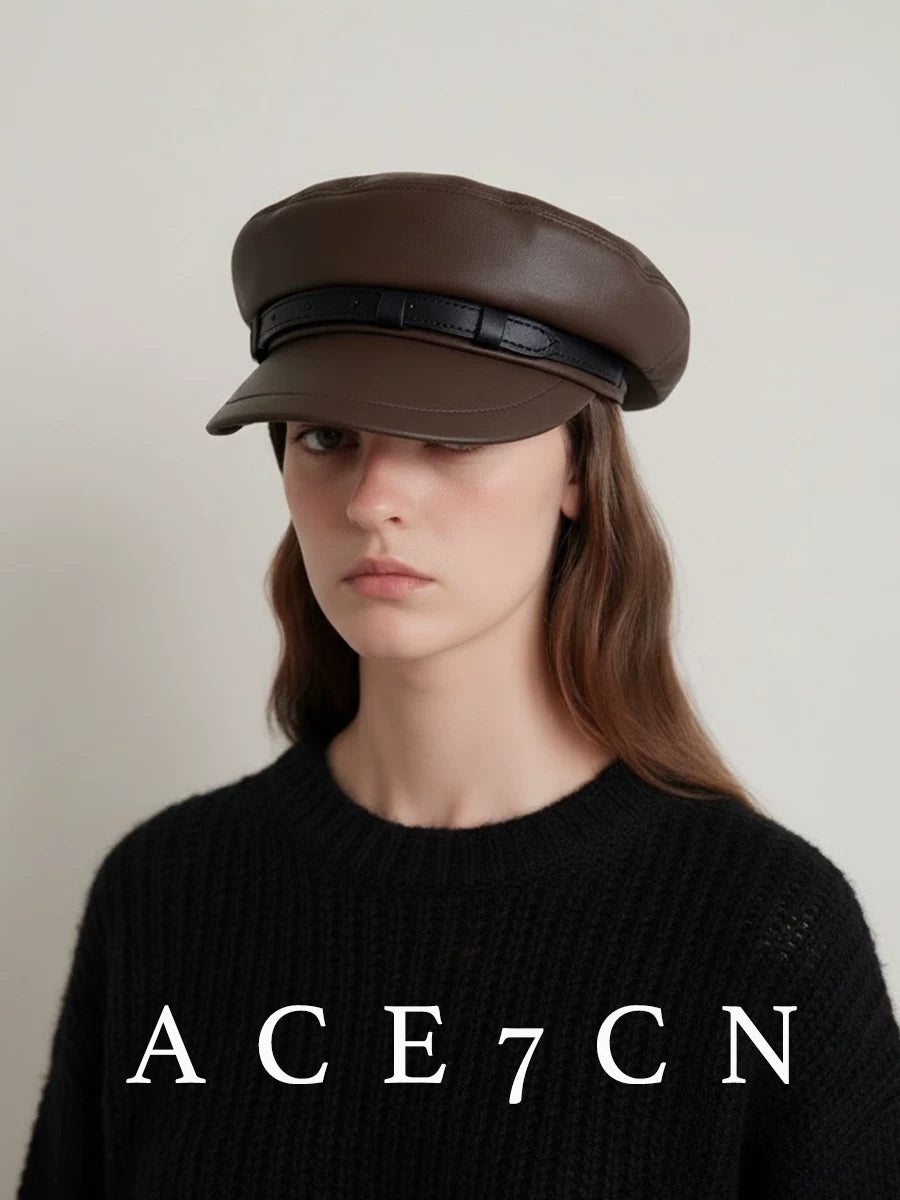 Metal-Buckle Leather Newsboy Cap — ACE7CN