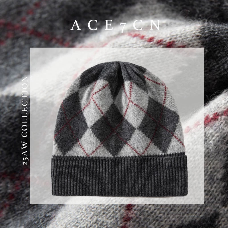 Gray Argyle Cashmere Beanie — ACE7CN