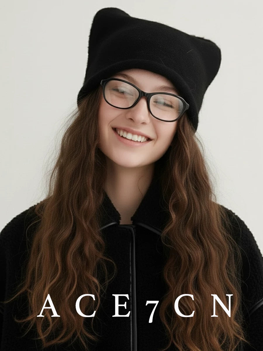 Monochrome Cat-Ear Angora Ear-Flap Beanie — ACE7CN