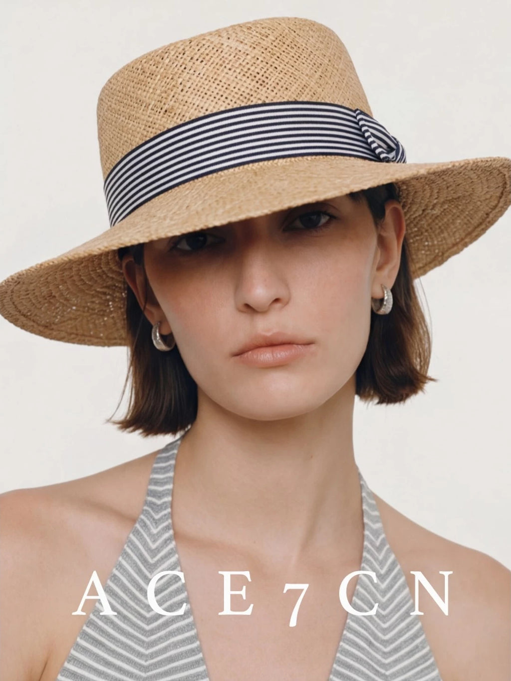 Plaid-Bow Woven Straw Fedora — ACE7CN
