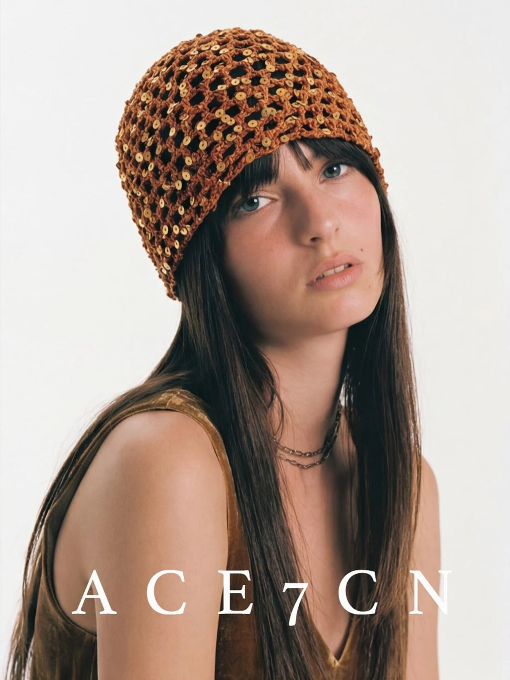 Glossy-Trim Openwork Crochet Hat — ACE7CN