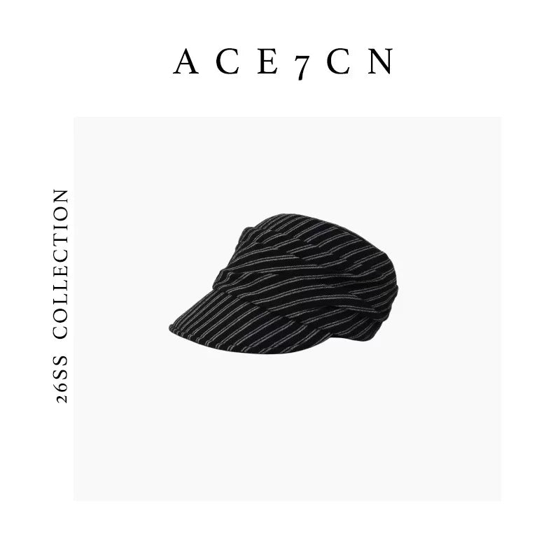 Pleated Striped Cotton-Linen Newsboy Cap — ACE7CN
