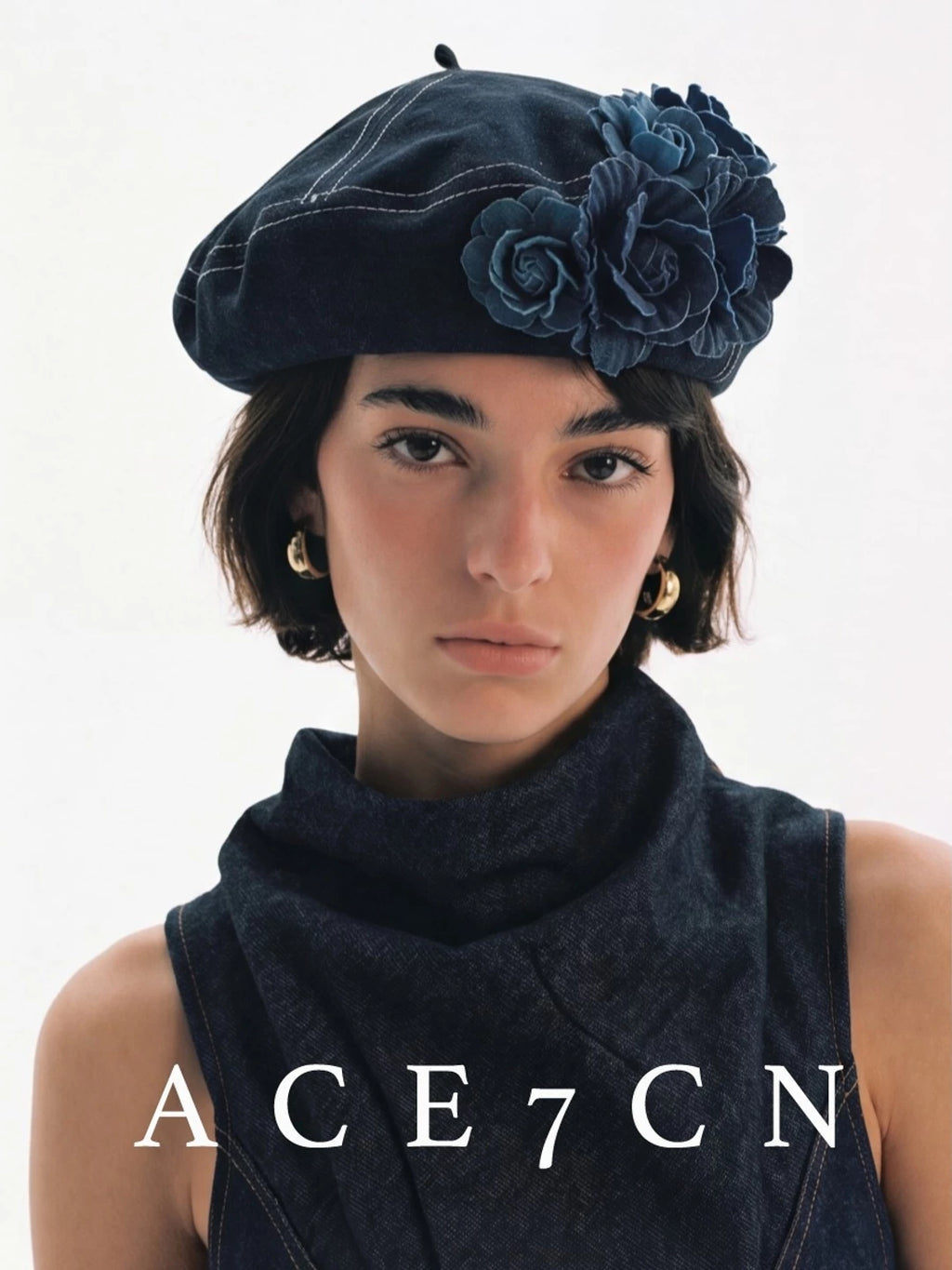 Floral Washed-Denim Painter Beret — ACE7CN