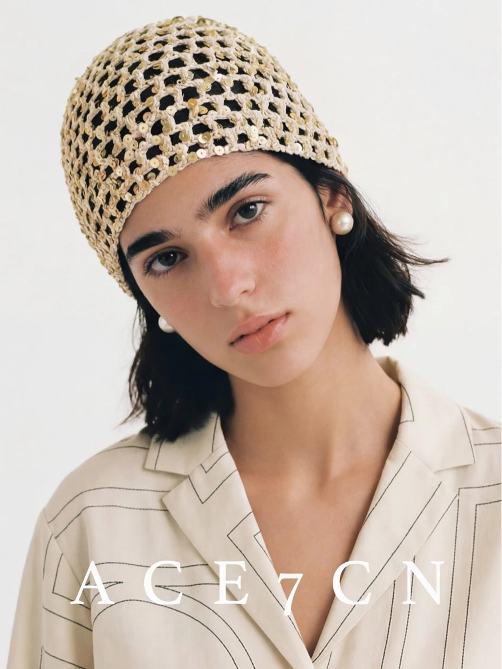 Glossy-Trim Openwork Crochet Hat — ACE7CN