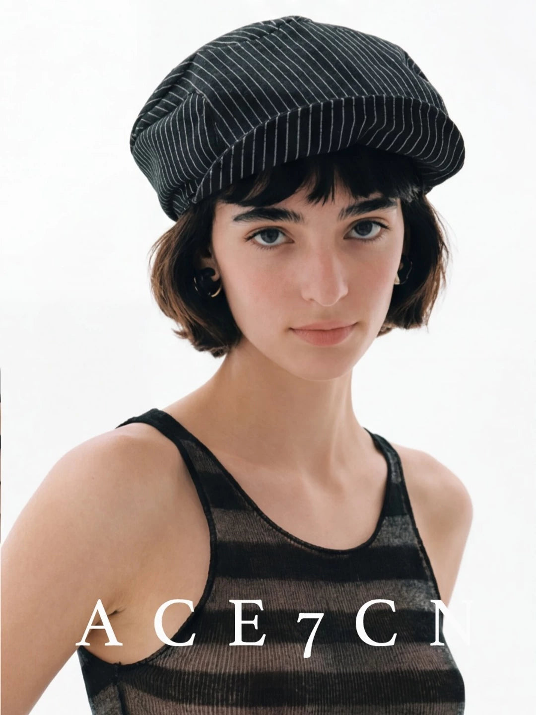 Striped Roll-Brim Cloud Newsboy Cap — ACE7CN