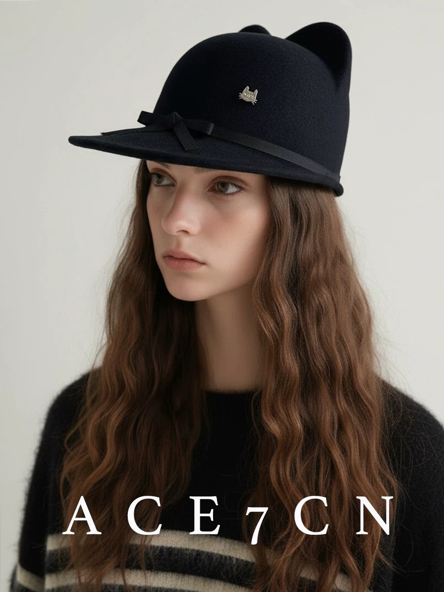 Ribbon-Trim Cat-Ear Wool Equestrian Cap — ACE7CN