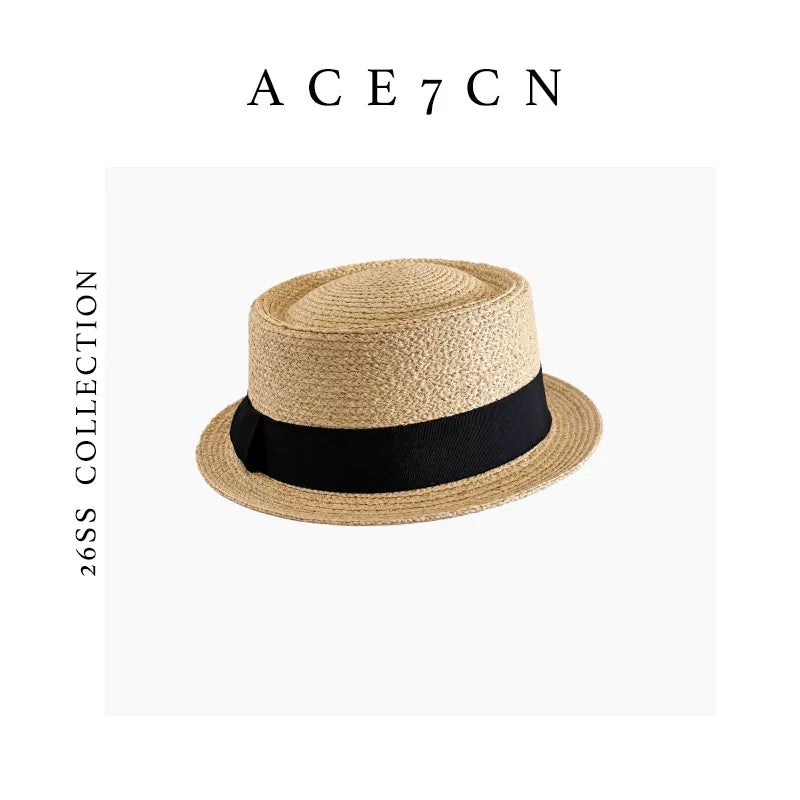 Short-Brim Straw Flat-Top Boater — ACE7CN