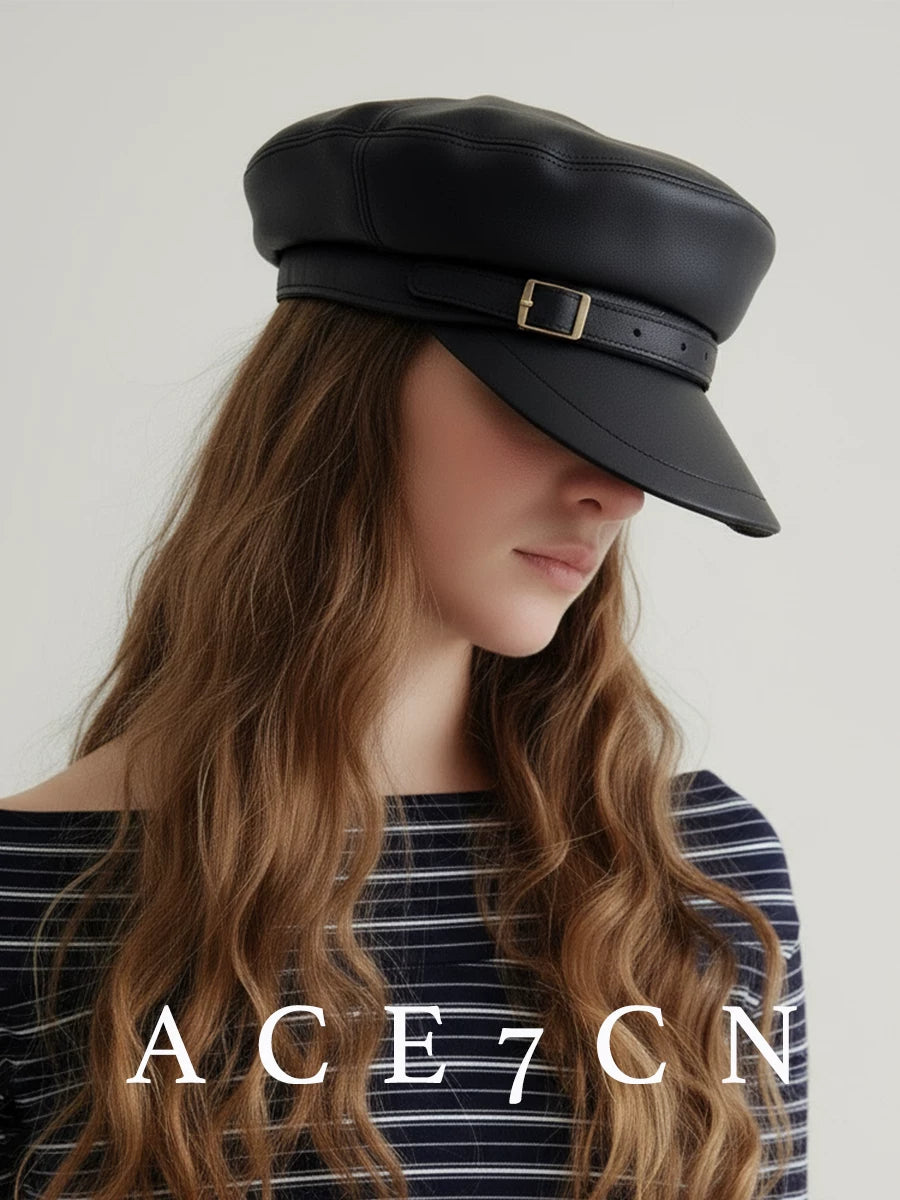 Metal-Buckle Leather Newsboy Cap — ACE7CN