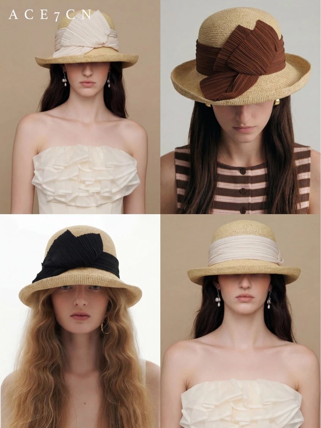 Pleated-Flower Roll-Brim Raffia Bucket Hat — ACE7CN