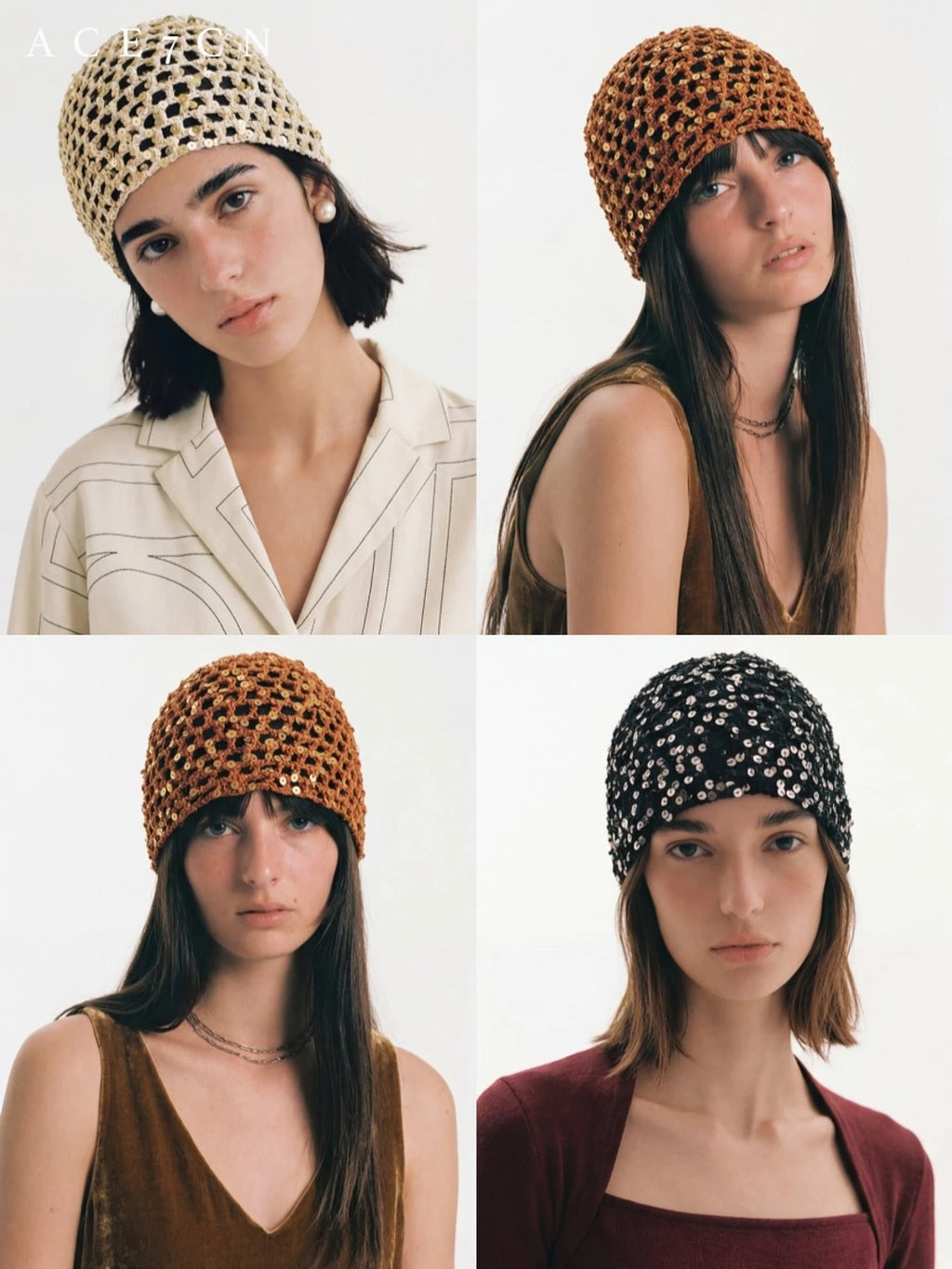 Glossy-Trim Openwork Crochet Hat — ACE7CN