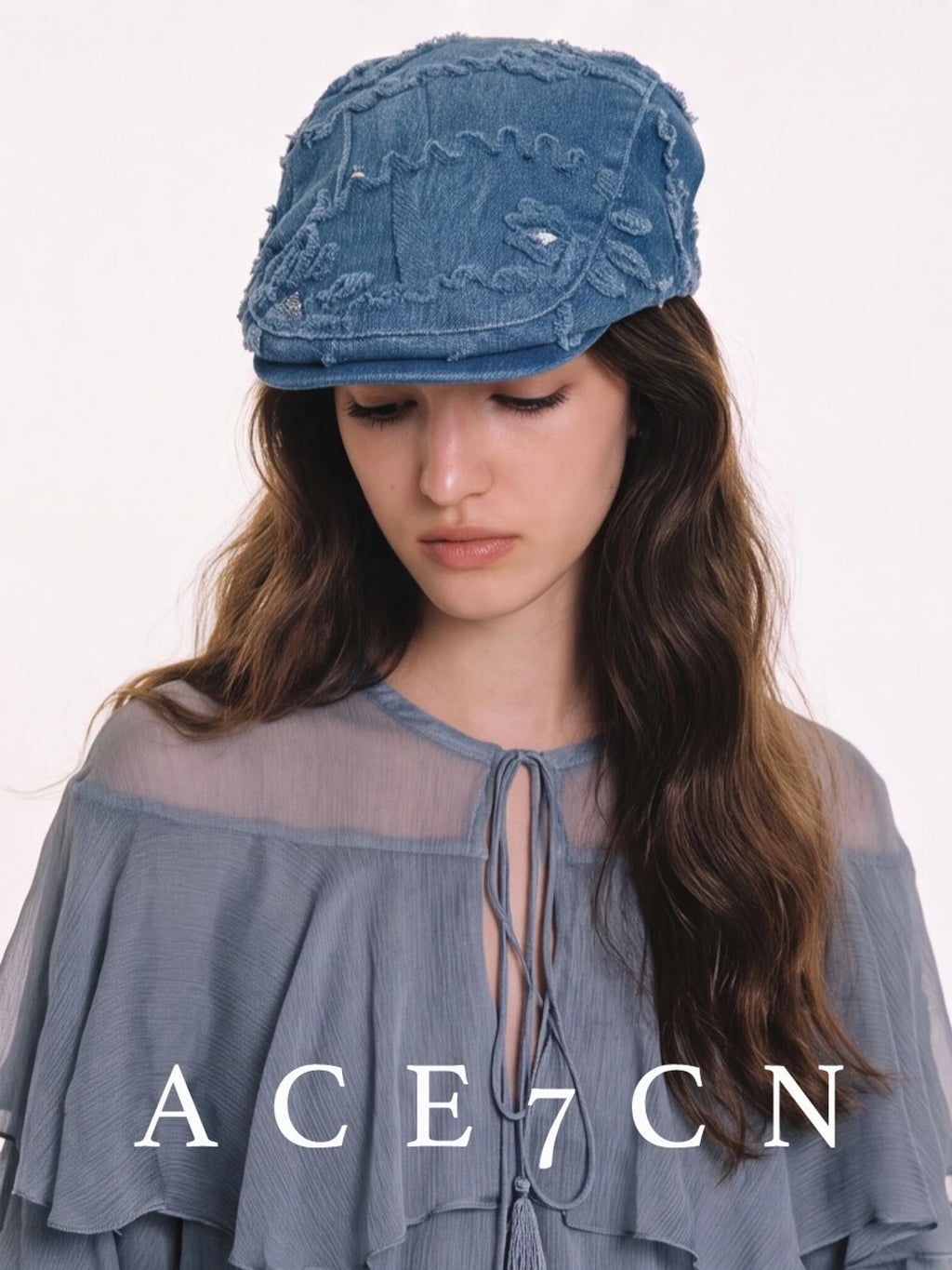 Embossed Floral Denim Flat Cap — ACE7CN