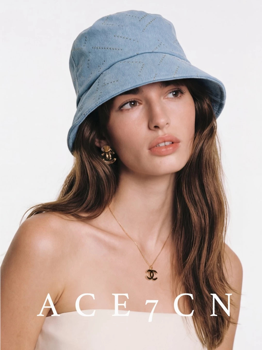 Rhinestone Diamond-Quilted Denim Bucket Hat — ACE7CN