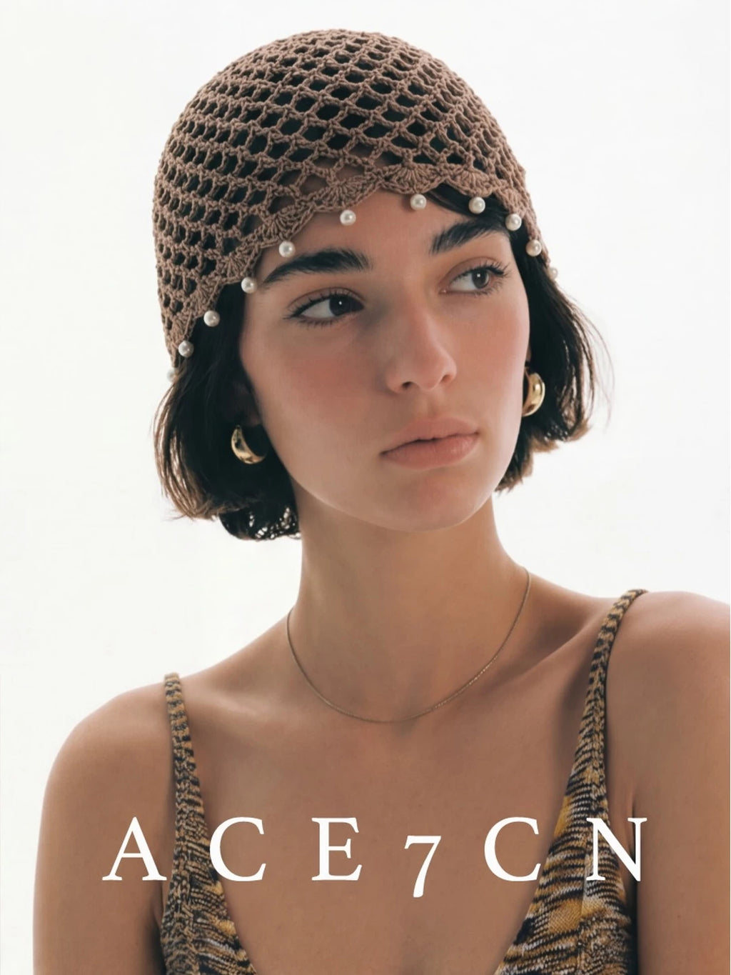 Pearl-Pendant Openwork Crochet Beanie — ACE7CN