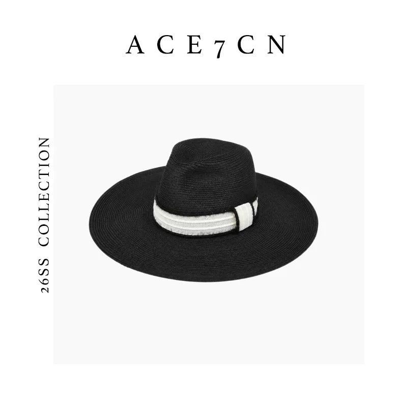 Monochrome Wide-Brim Straw Fedora — ACE7CN
