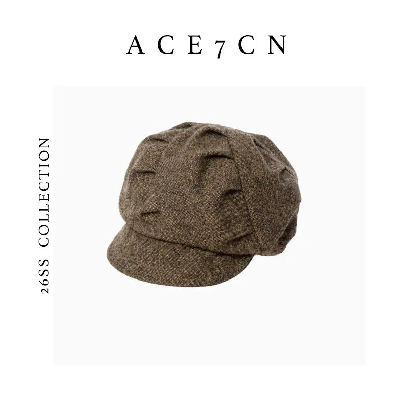 Twisted-Pleat Wool Tweed Newsboy Cap — ACE7CN