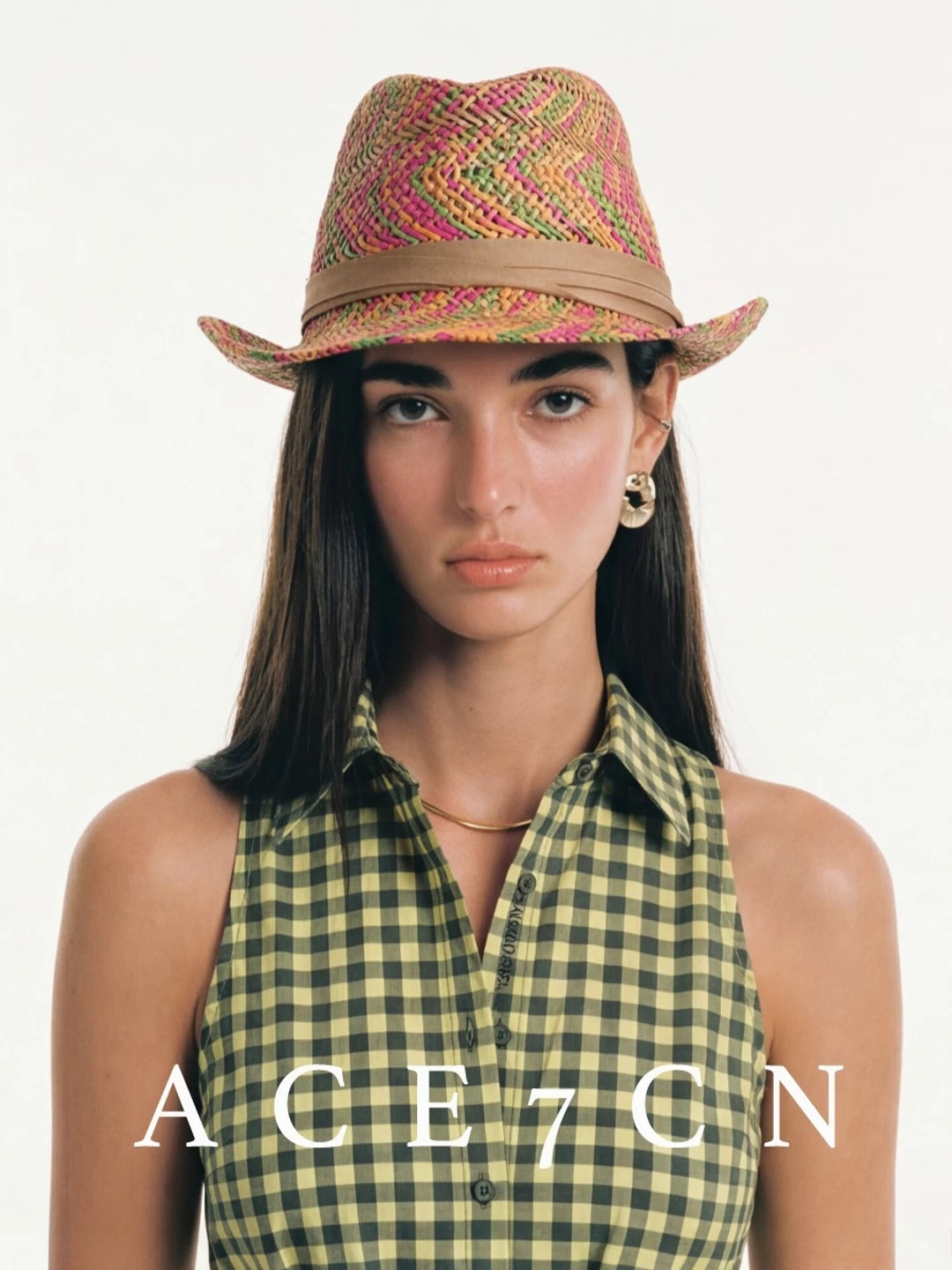 Multicolor-Yarn Straw Western Fedora — ACE7CN