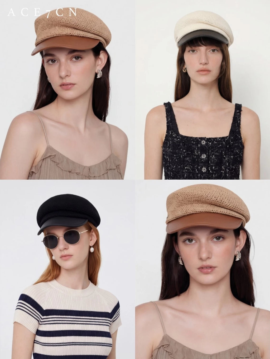 Leather-Peak Straw Newsboy Cap — ACE7CN