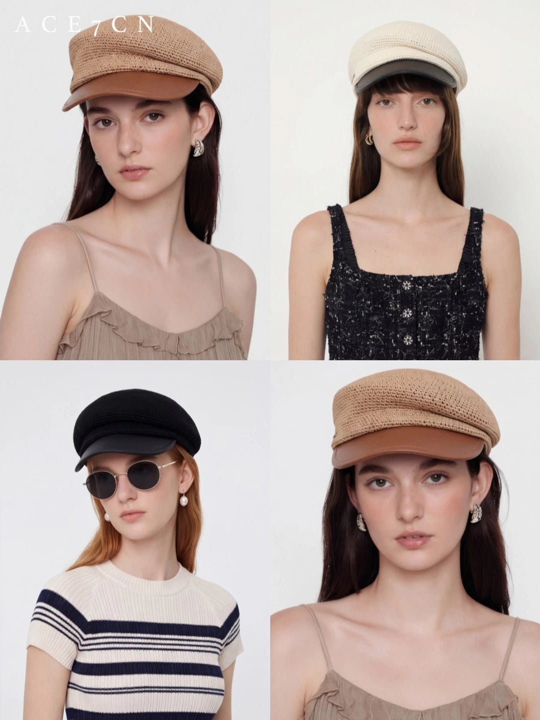 Leather-Peak Straw Newsboy Cap — ACE7CN