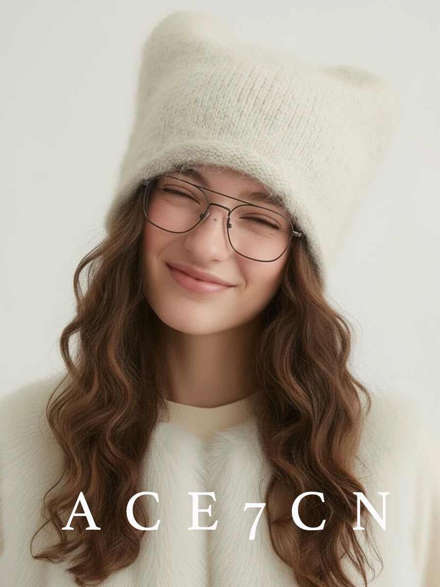 Monochrome Cat-Ear Angora Ear-Flap Beanie — ACE7CN