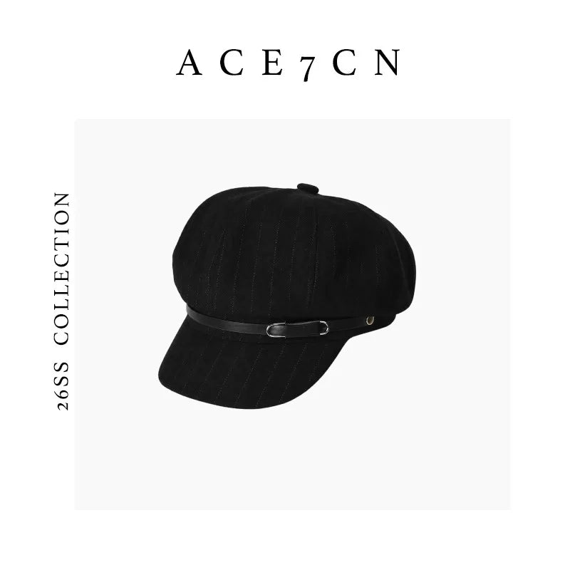 Leather-Buckle Striped Newsboy Cap — ACE7CN