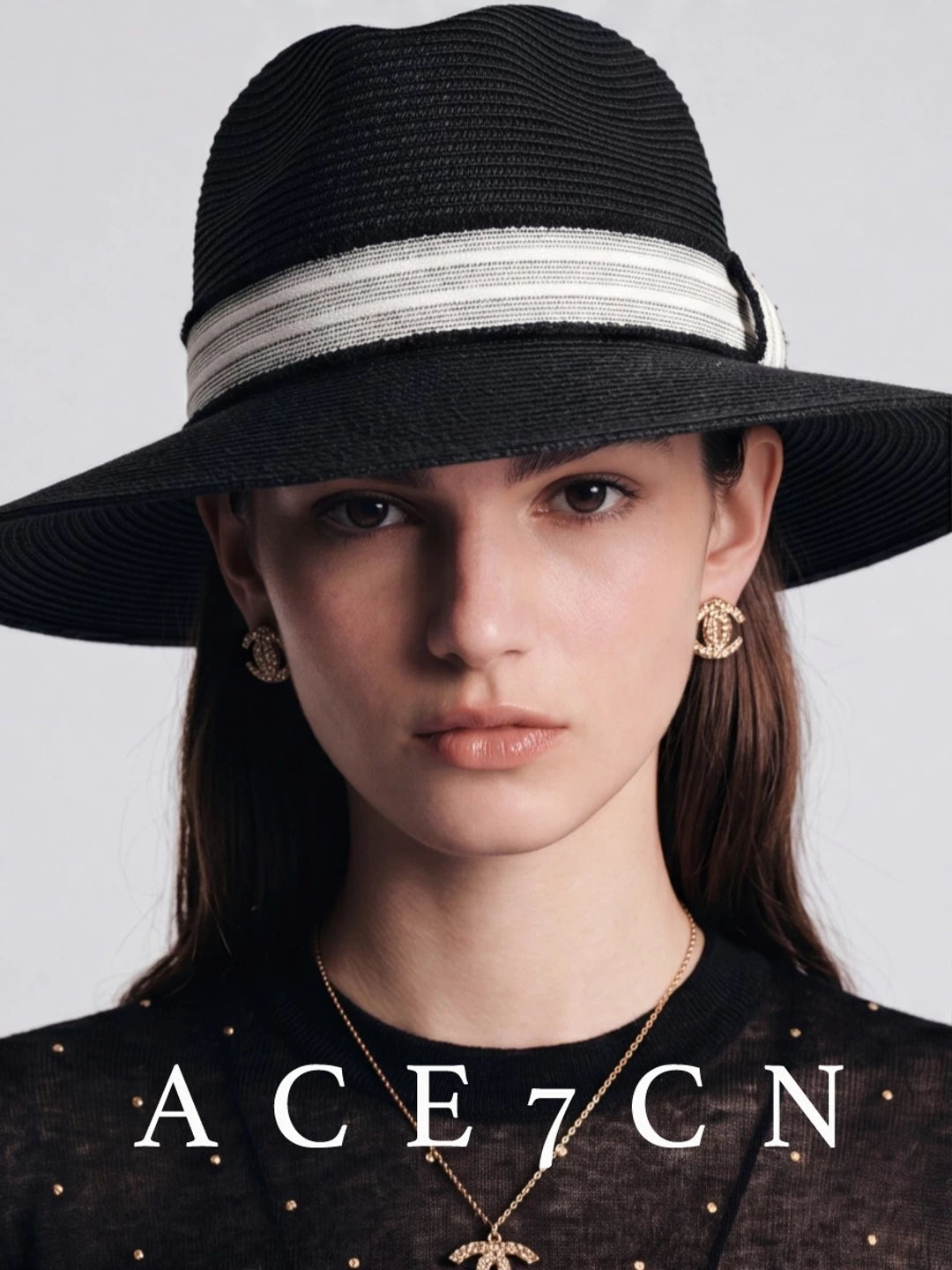 Monochrome Wide-Brim Straw Fedora — ACE7CN