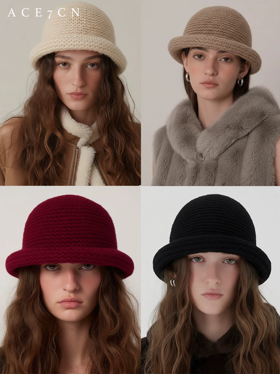 Roll-Brim Crochet Cashmere Bucket Hat — ACE7CN