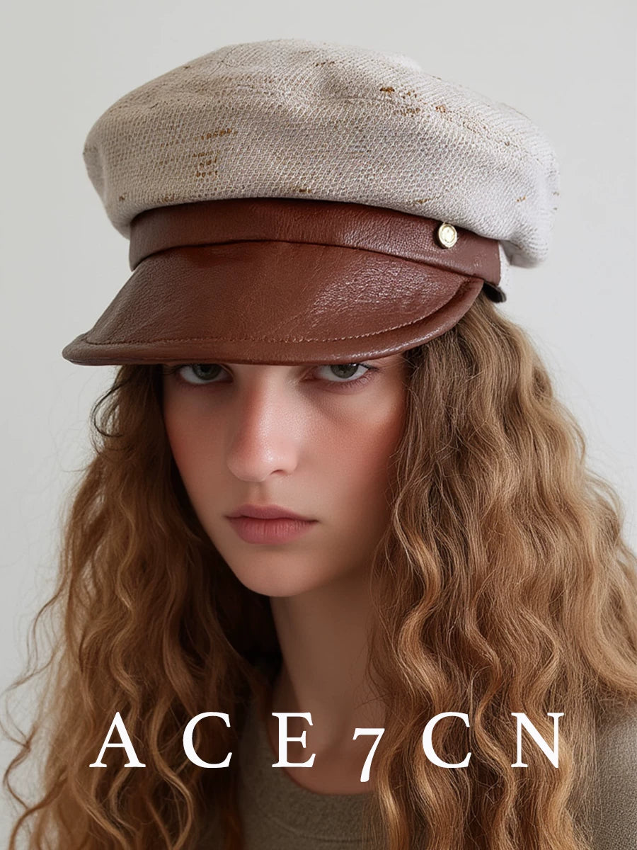 Woven Leather-Trim Newsboy Cap — ACE7CN