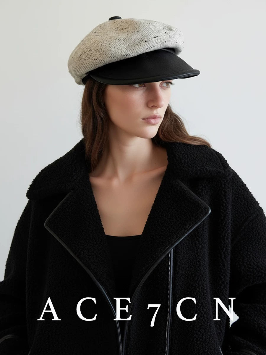 Woven Leather-Trim Newsboy Cap — ACE7CN