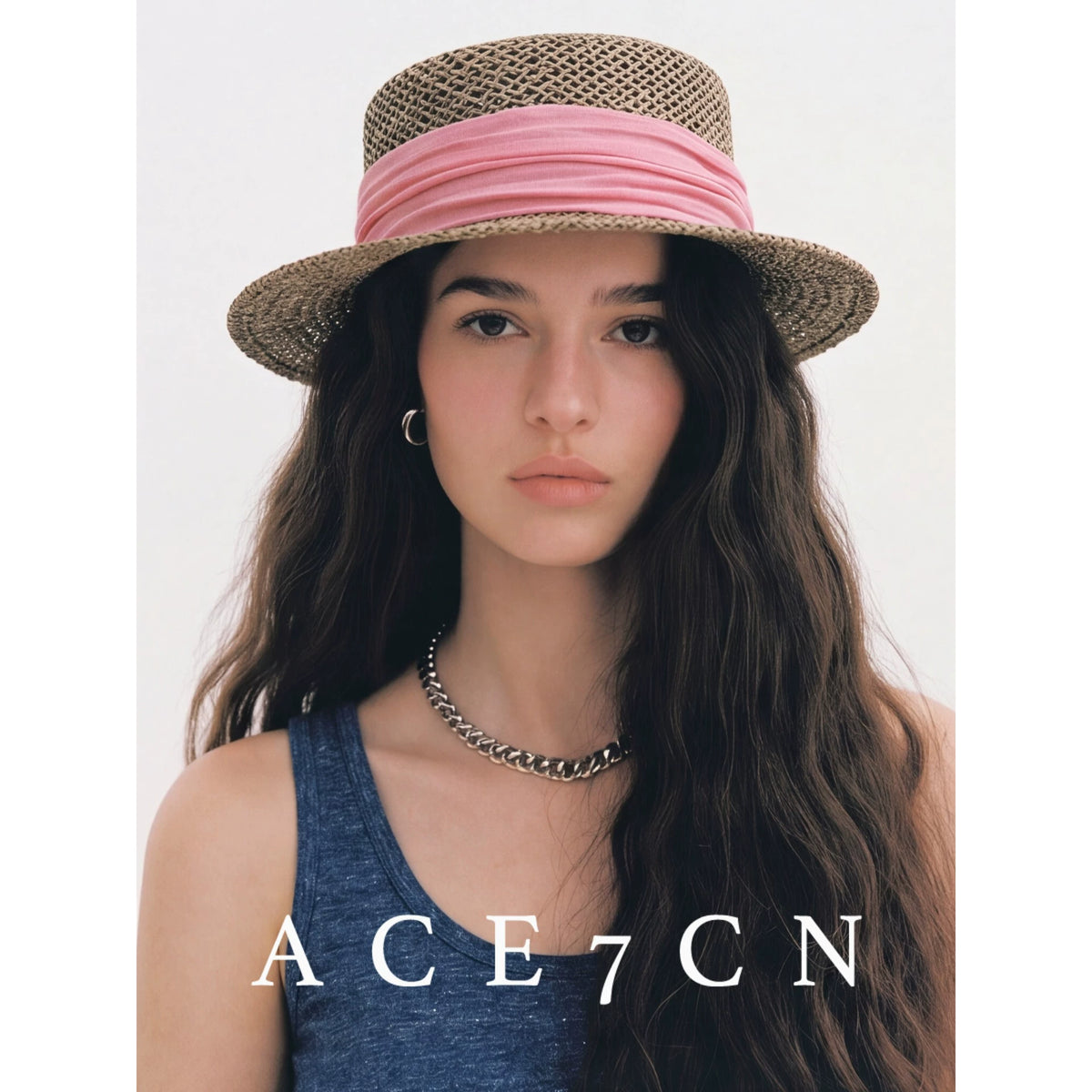 Ribbon-Trim Seagrass Flat-Top Boater — ACE7CN