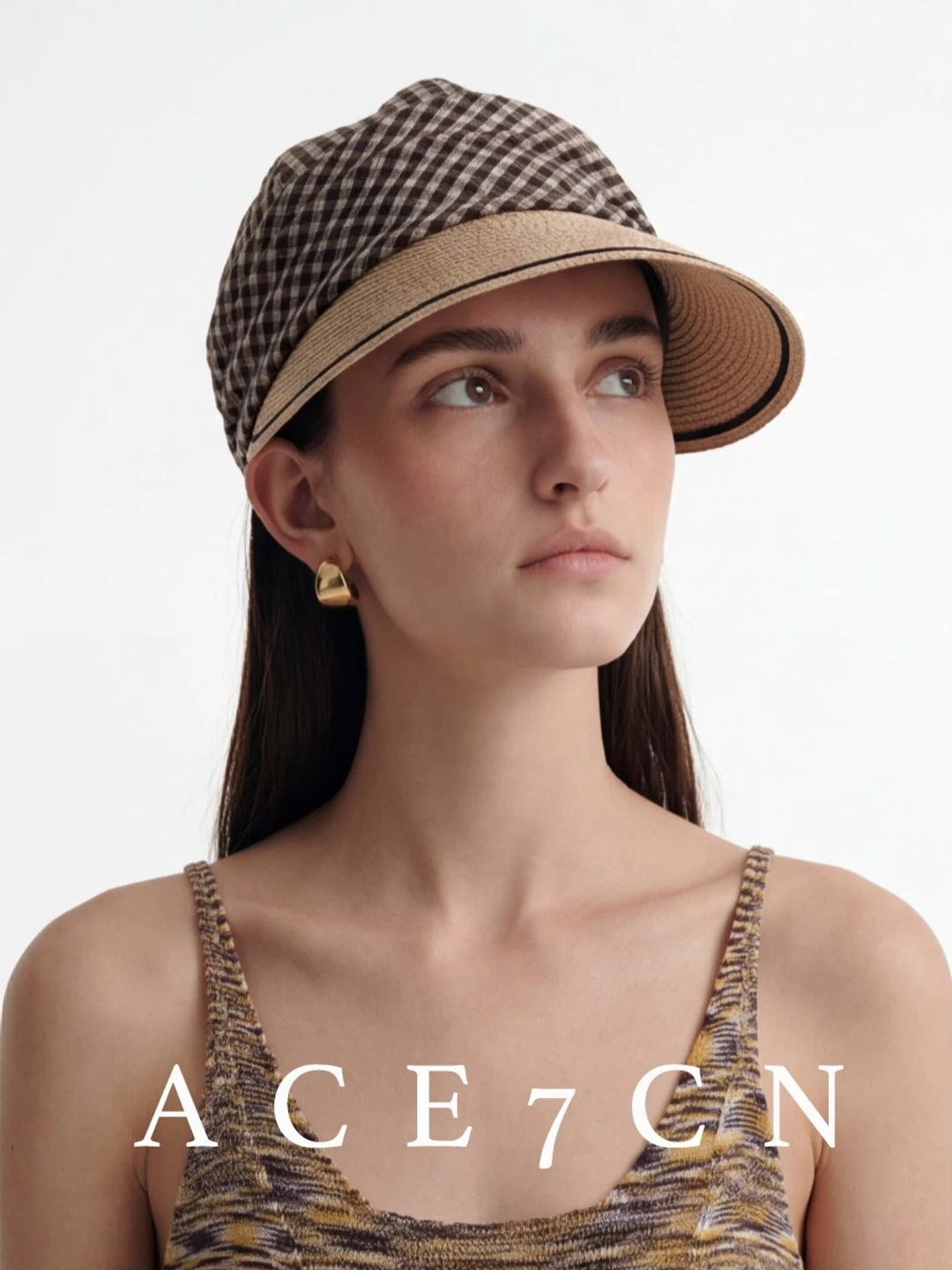Pleated Plaid Straw-Panel Sun Hat — ACE7CN