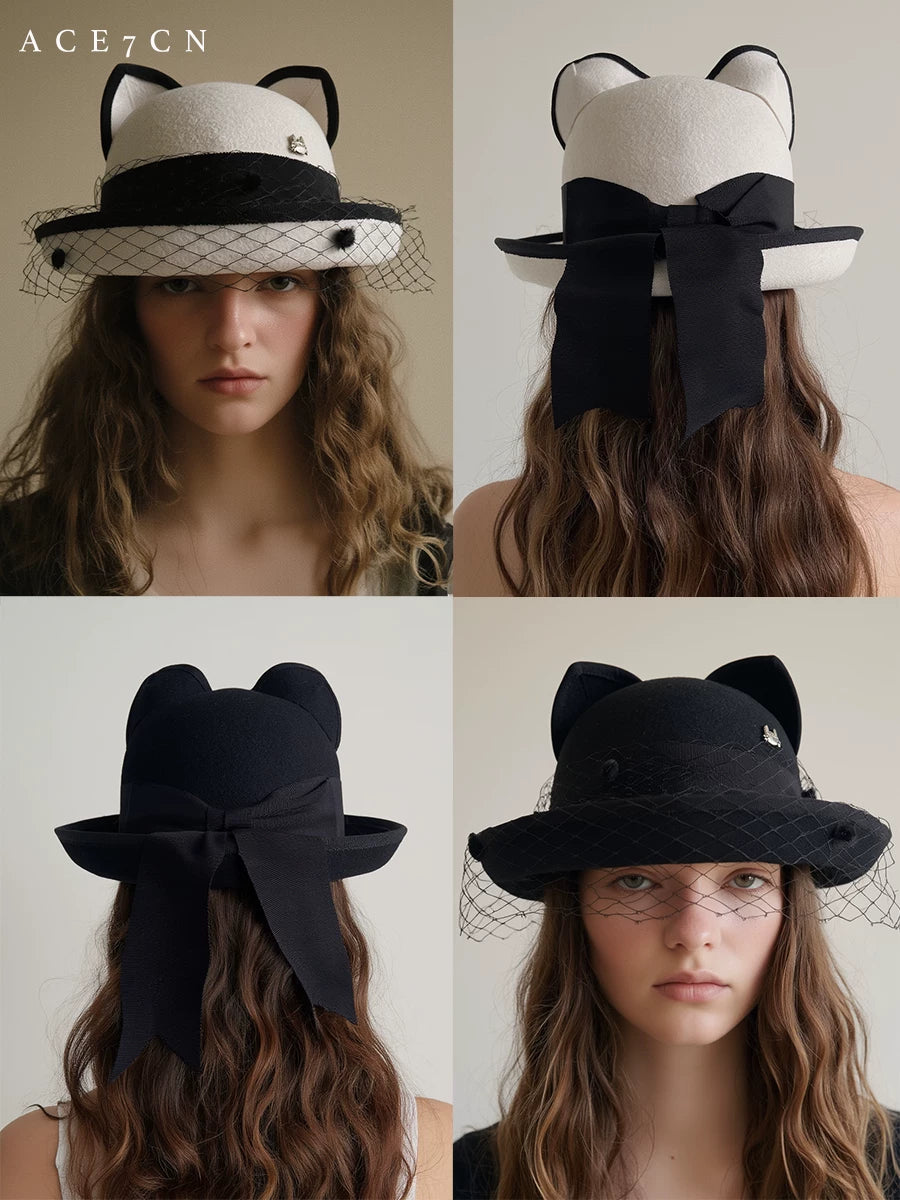 Veiled Cat-Ear Wool Fedora — ACE7CN