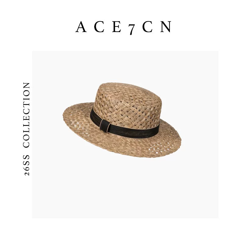 Openwork Flat-Brim Seagrass Fedora — ACE7CN