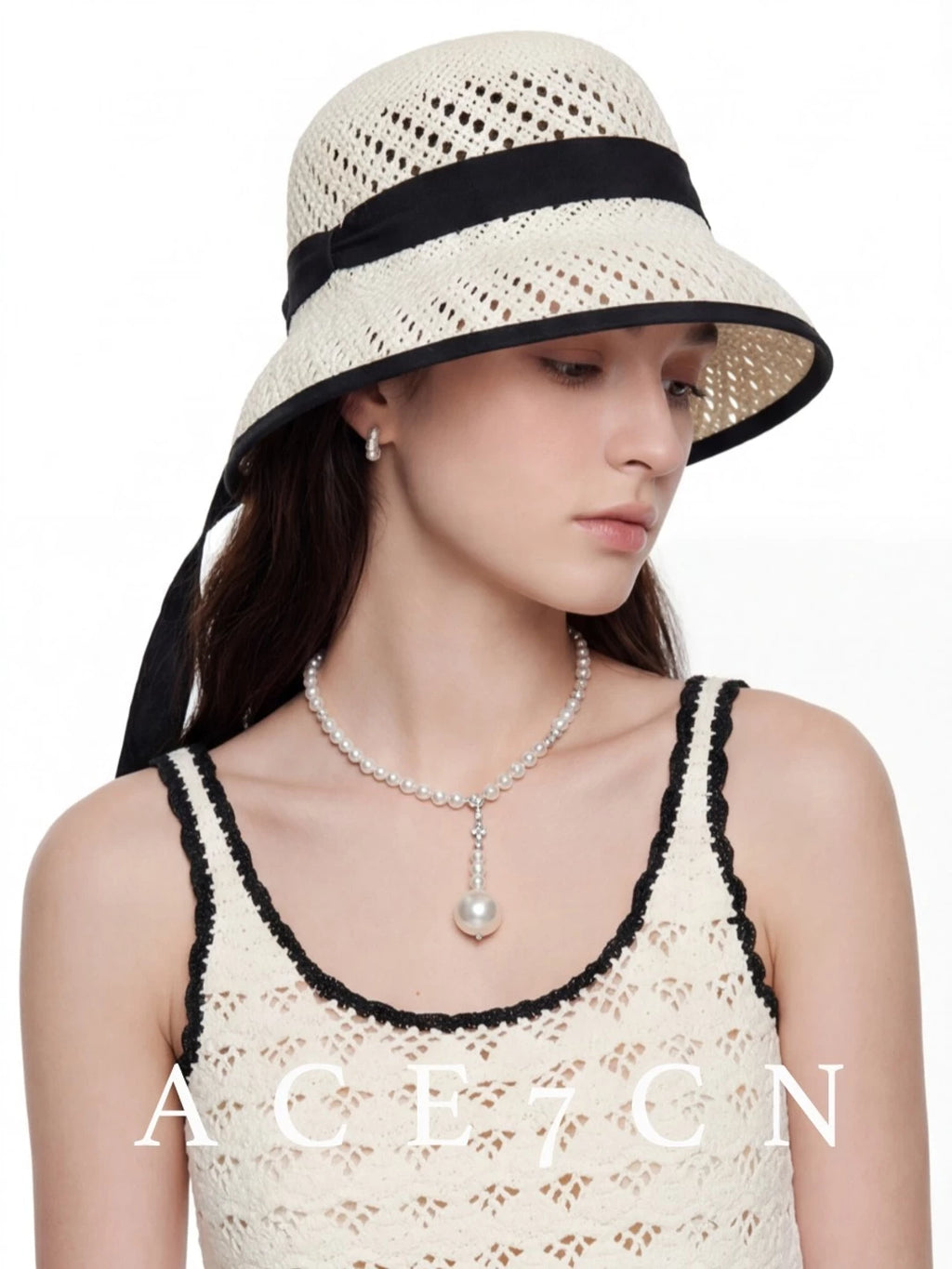 Openwork Bow Straw Bucket Hat — ACE7CN