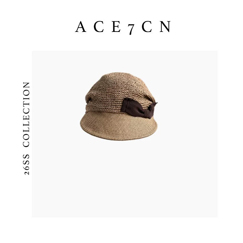 Bow-Detail Hand-Woven Straw Riding Cap — ACE7CN