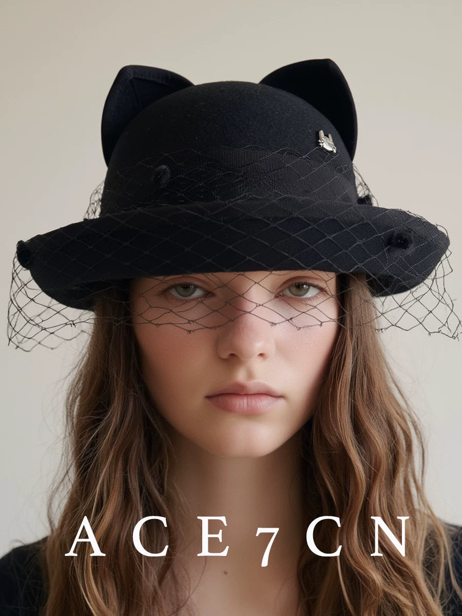 Veiled Cat-Ear Wool Fedora — ACE7CN
