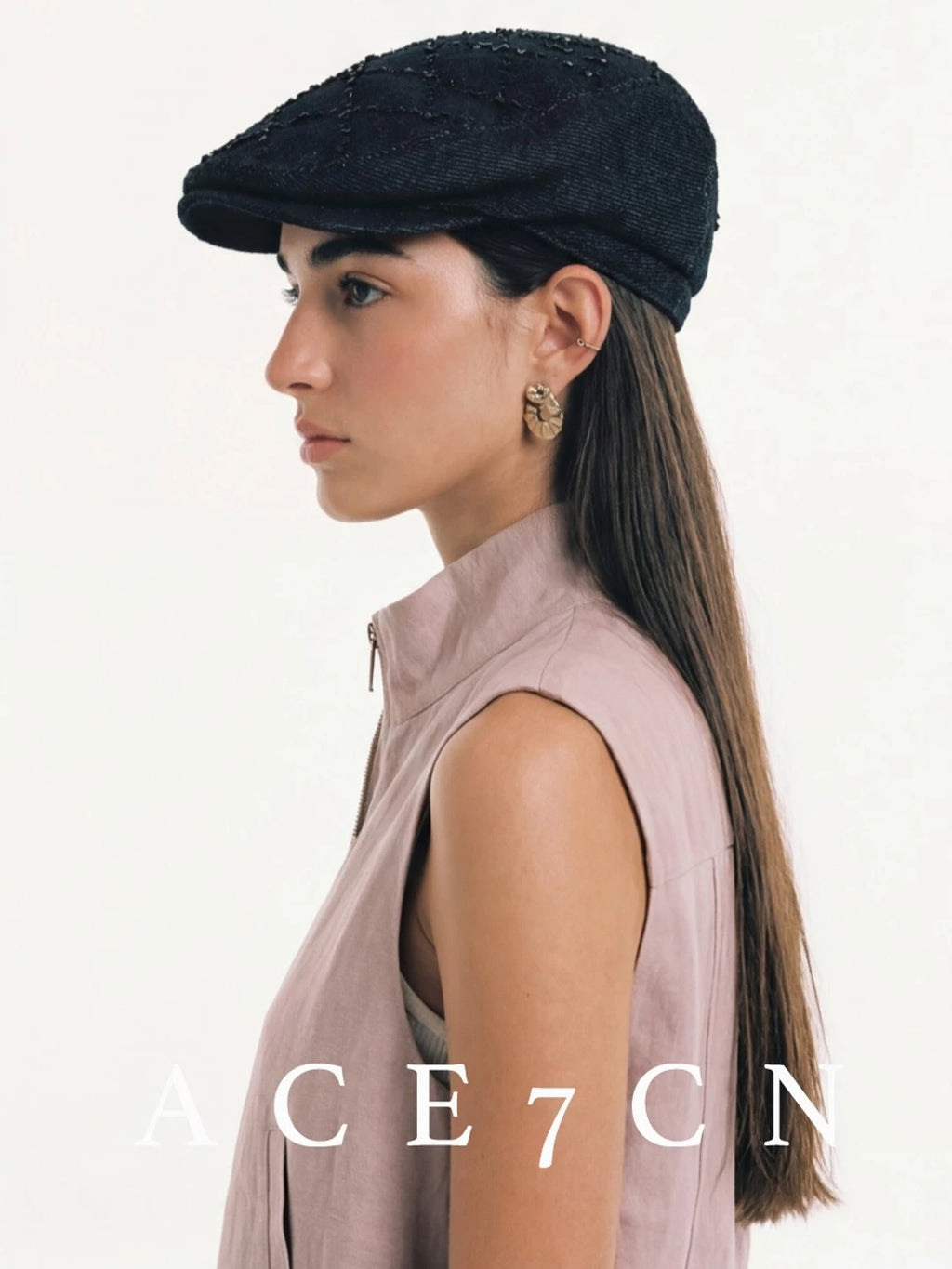 Diamond-Stitch Shimmer Denim Flat Cap — ACE7CN