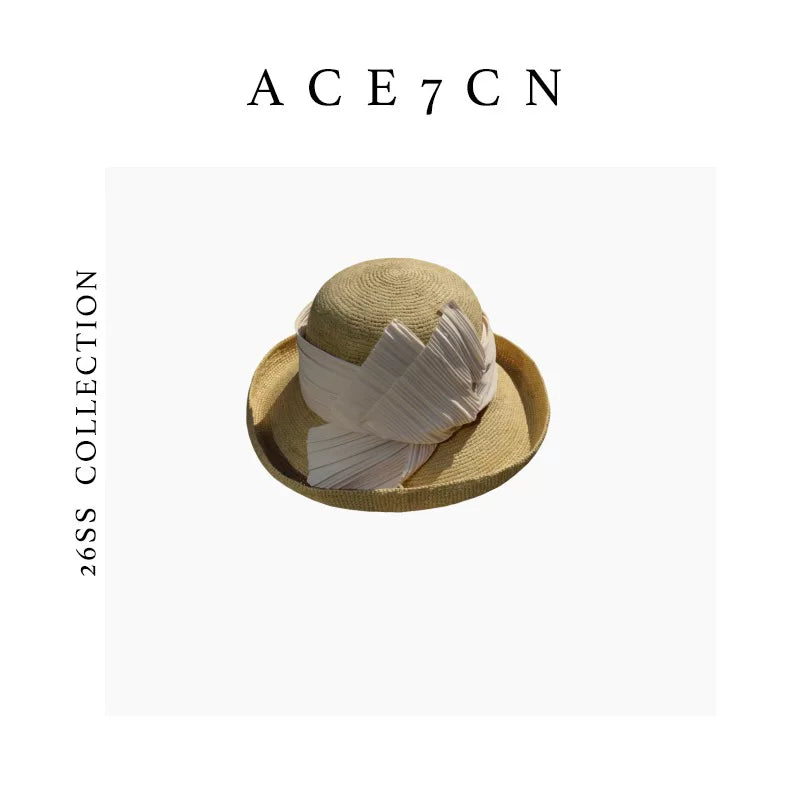 Pleated-Flower Roll-Brim Raffia Bucket Hat — ACE7CN