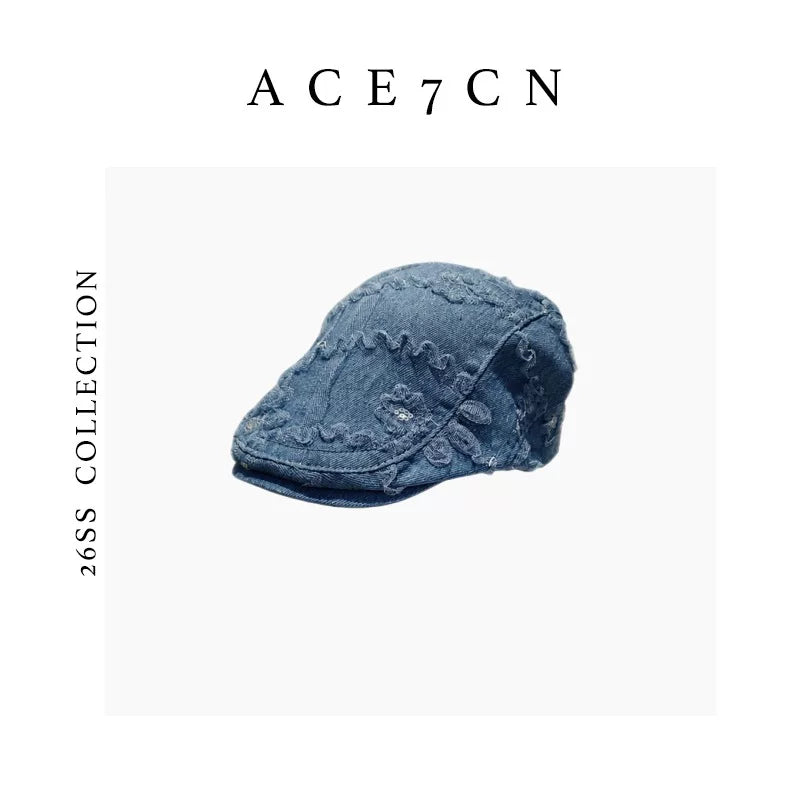Embossed Floral Denim Flat Cap — ACE7CN