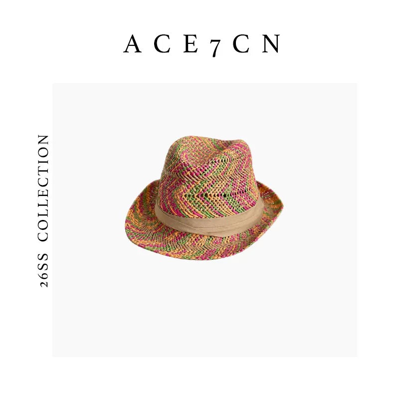 Multicolor-Yarn Straw Western Fedora — ACE7CN