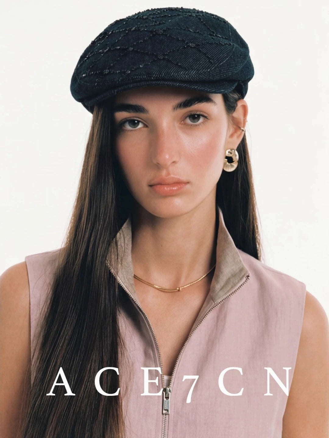 Diamond-Stitch Shimmer Denim Flat Cap — ACE7CN