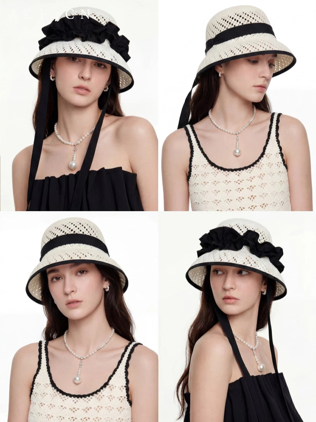 Openwork Bow Straw Bucket Hat — ACE7CN