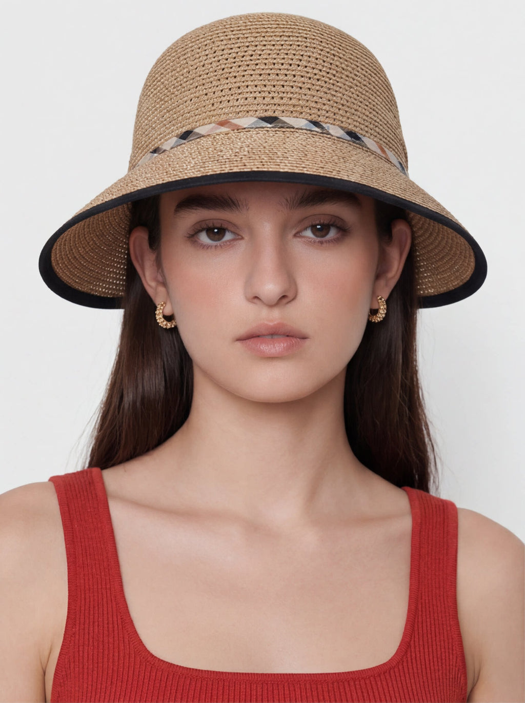 Plaid-Trim Wide-Brim Straw Sun Hat — ACE7CN
