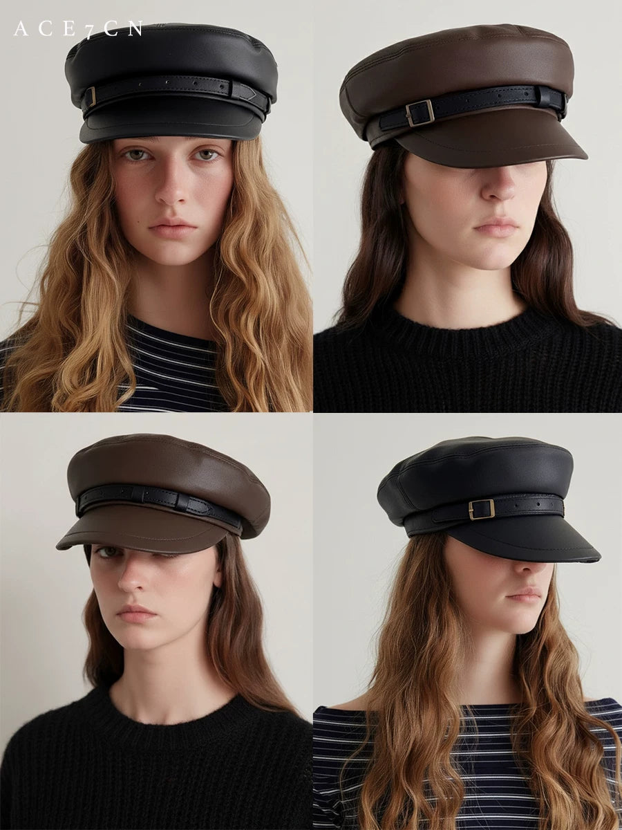Metal-Buckle Leather Newsboy Cap — ACE7CN