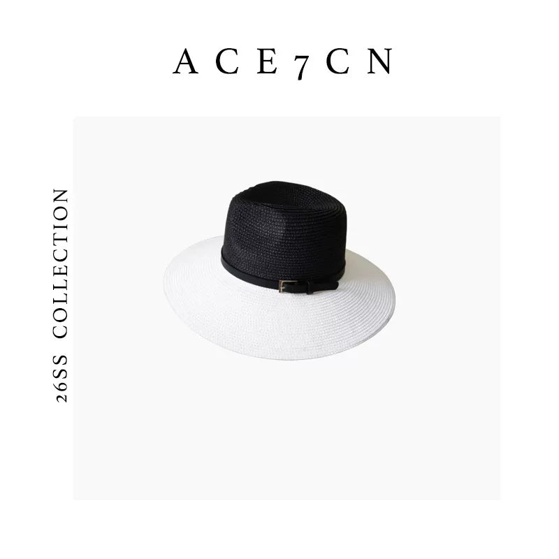 Black-and-White Wide-Brim Straw Fedora — ACE7CN