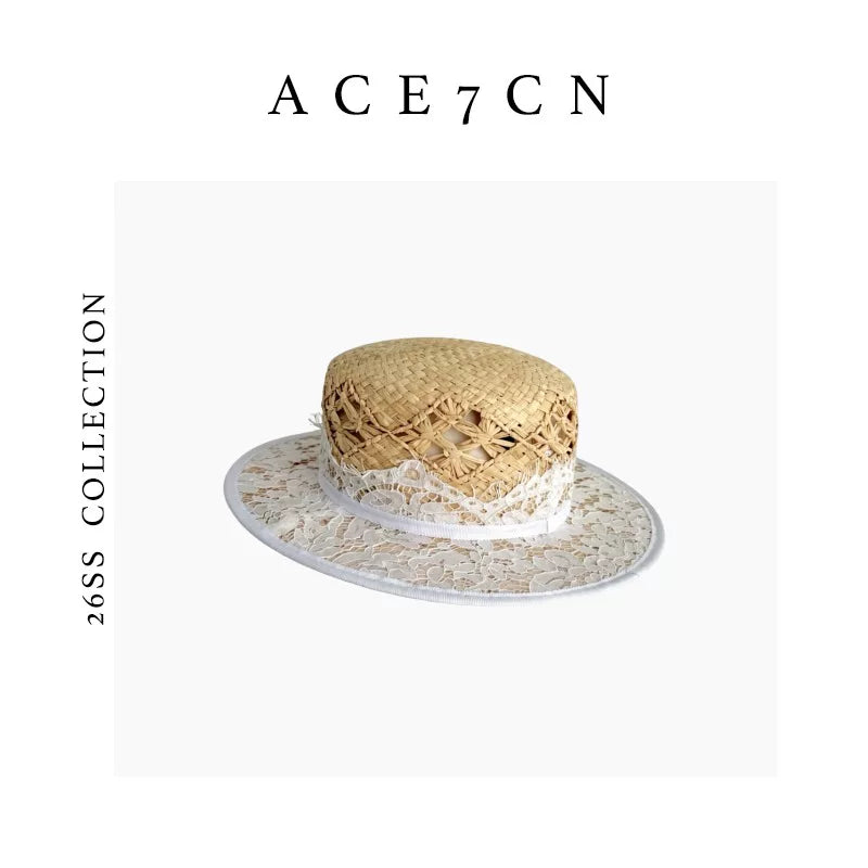 Openwork Lace Flat-Top Boater — ACE7CN