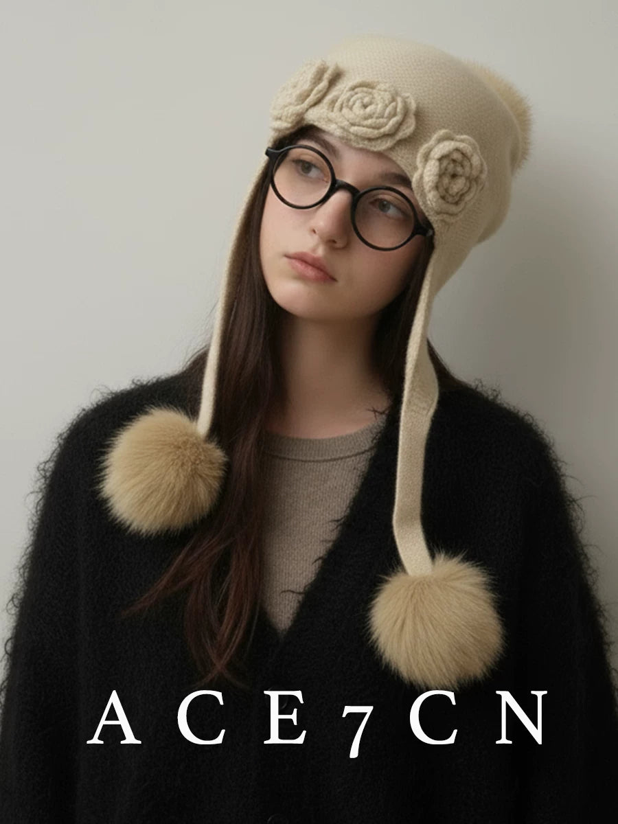 Flower-Embellished Cashmere Ear-Flap Beanie — ACE7CN