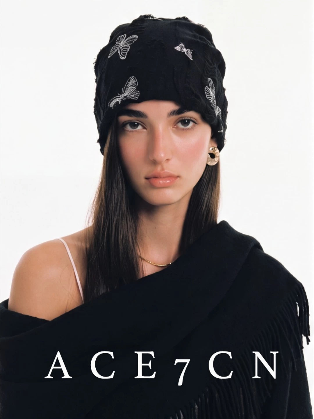 Embroidered-Bow Pleated Head Scarf Hat — ACE7CN
